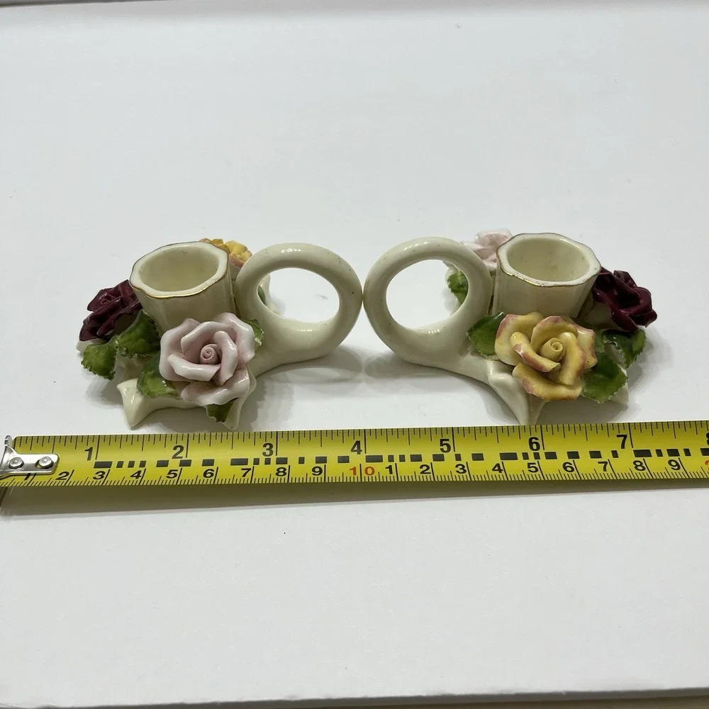 Vintage Porcelain Taper Candle Holders Finger Loop White 3D Hand Painted Roses 2